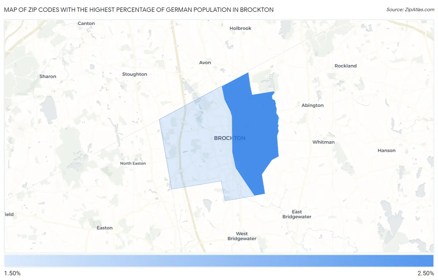 Zip Codes with the Highest Percentage of German Population in Brockton Map