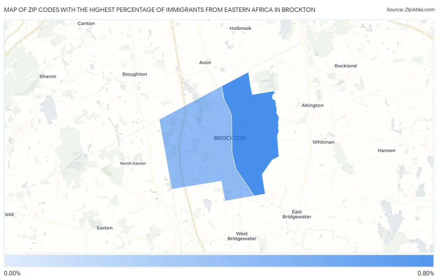 Zip Codes with the Highest Percentage of Immigrants from Eastern Africa in Brockton Map