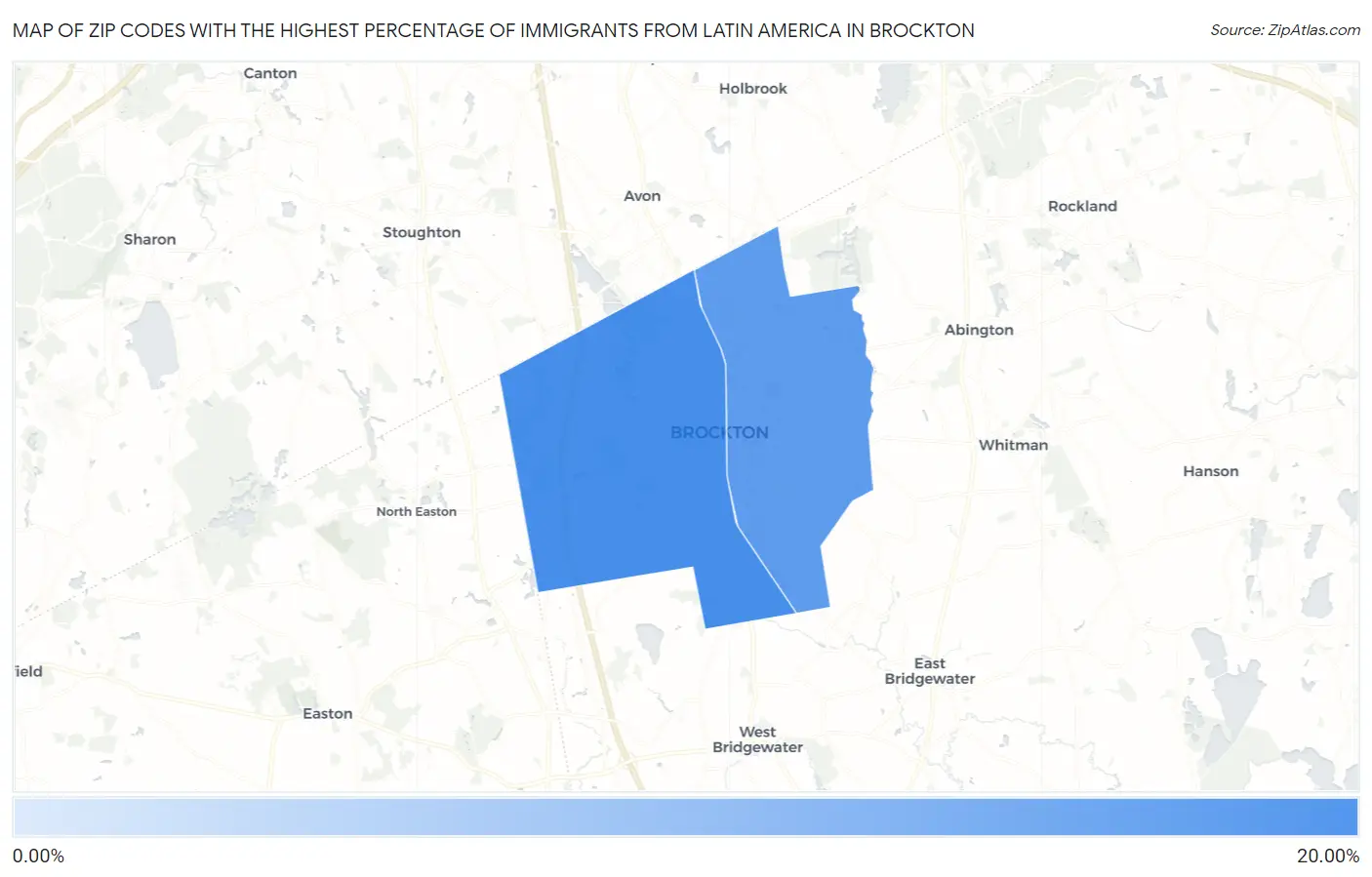 Zip Codes with the Highest Percentage of Immigrants from Latin America in Brockton Map