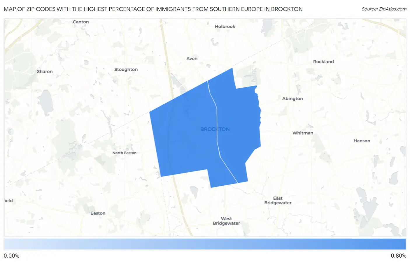 Zip Codes with the Highest Percentage of Immigrants from Southern Europe in Brockton Map