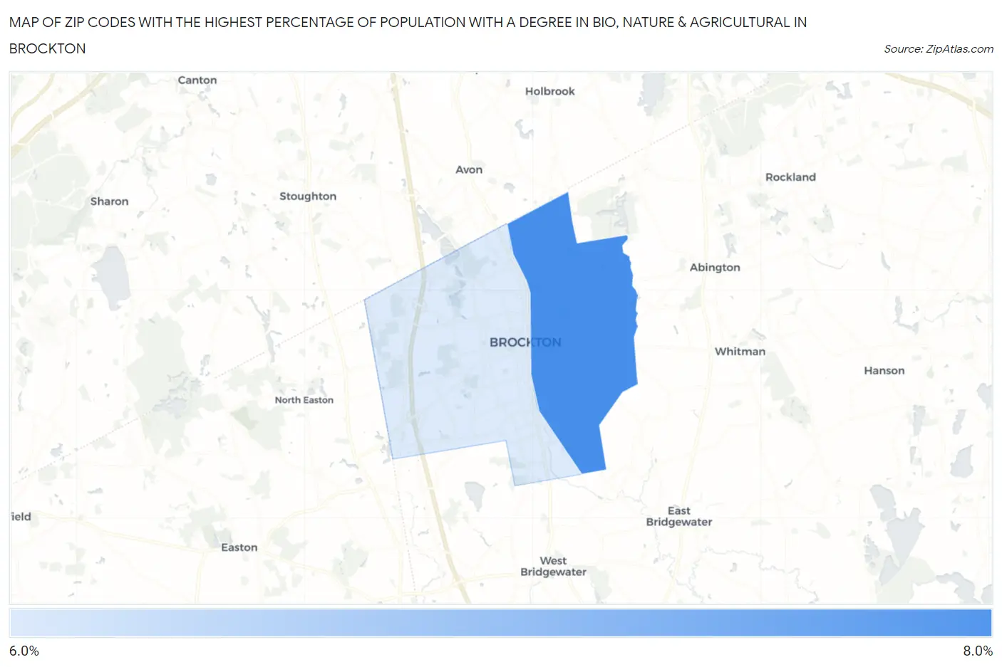 Zip Codes with the Highest Percentage of Population with a Degree in Bio, Nature & Agricultural in Brockton Map