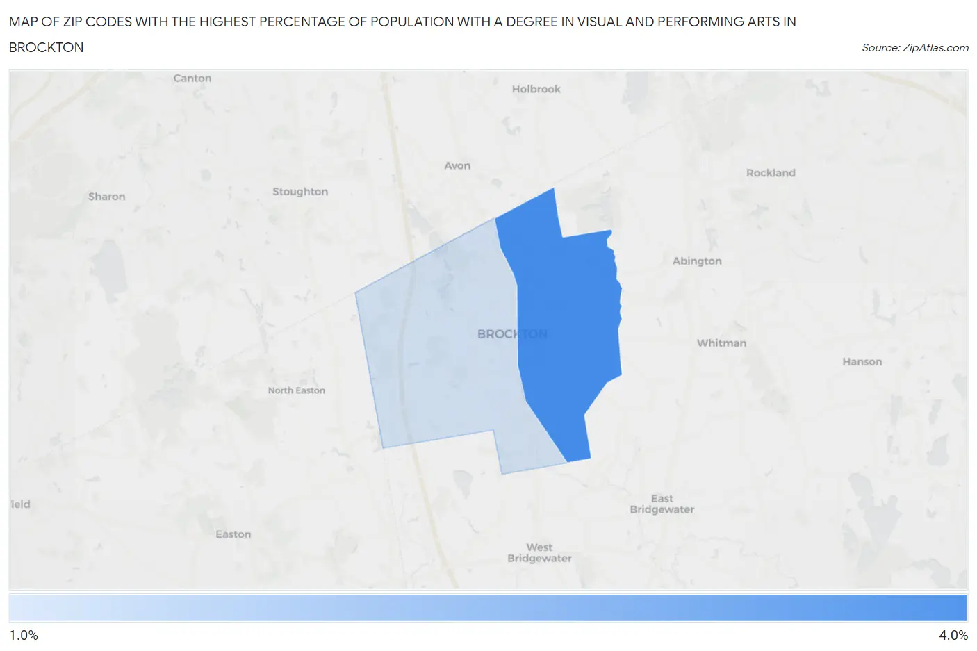Zip Codes with the Highest Percentage of Population with a Degree in Visual and Performing Arts in Brockton Map