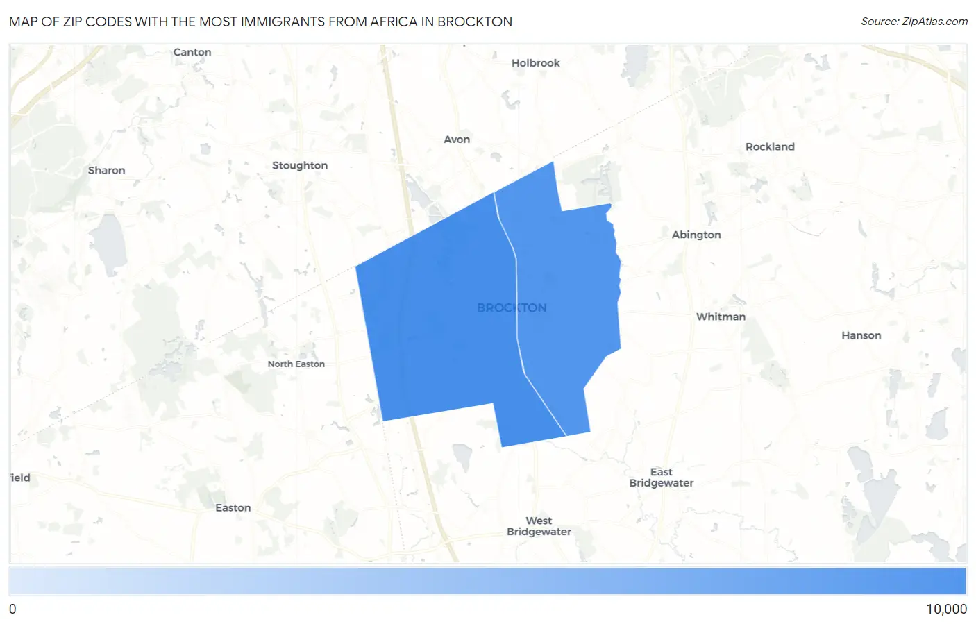Zip Codes with the Most Immigrants from Africa in Brockton Map