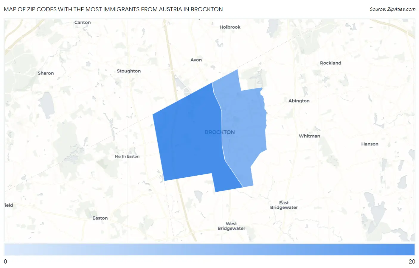 Zip Codes with the Most Immigrants from Austria in Brockton Map