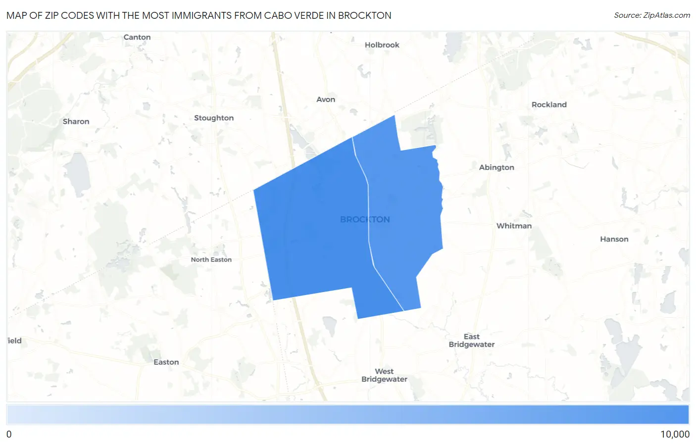 Zip Codes with the Most Immigrants from Cabo Verde in Brockton Map