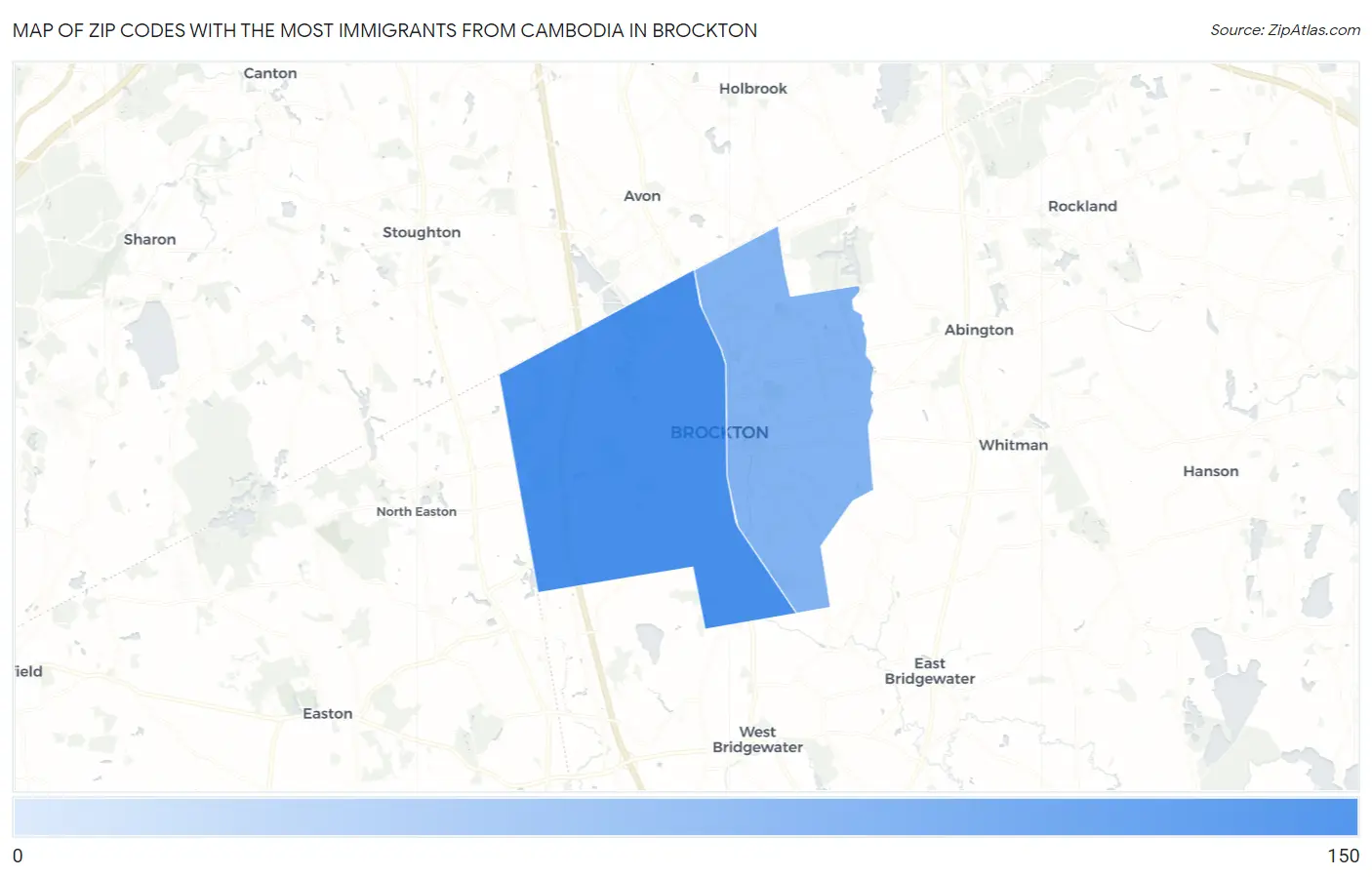 Zip Codes with the Most Immigrants from Cambodia in Brockton Map