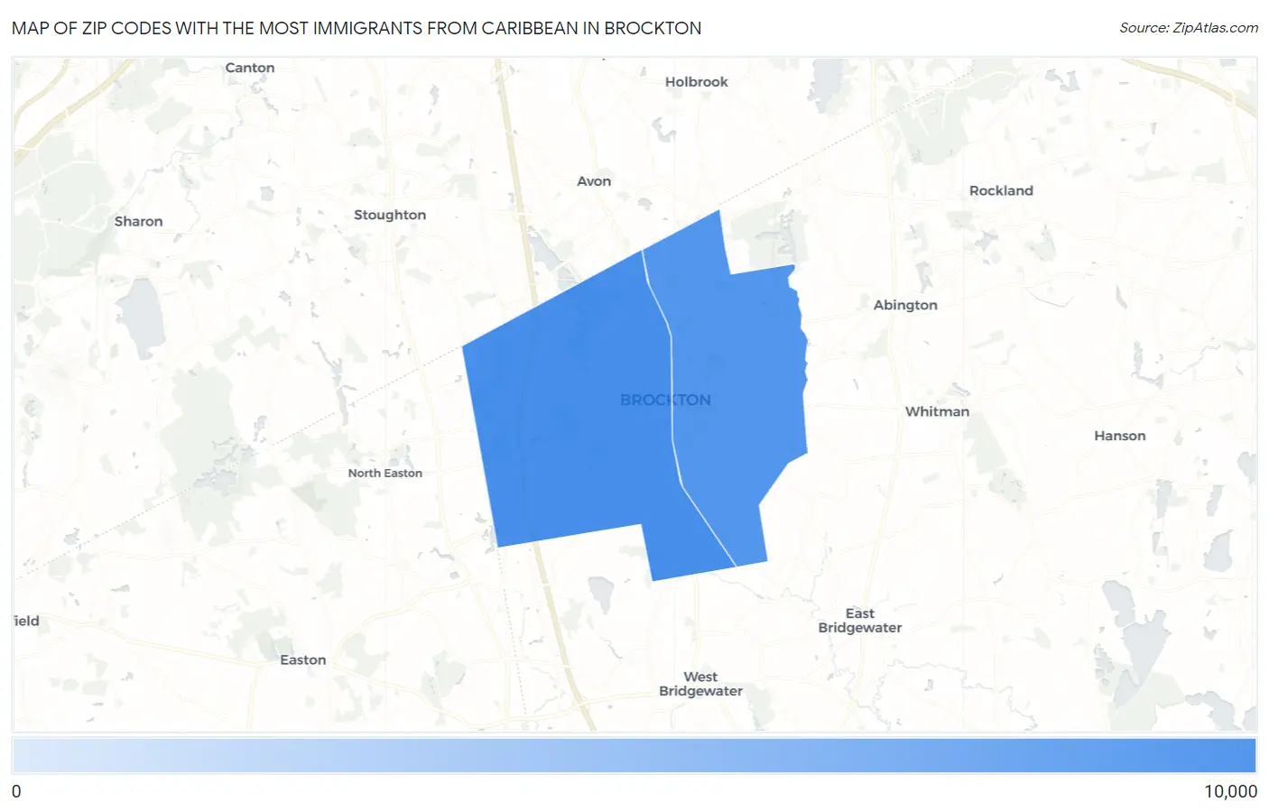 Zip Codes with the Most Immigrants from Caribbean in Brockton Map