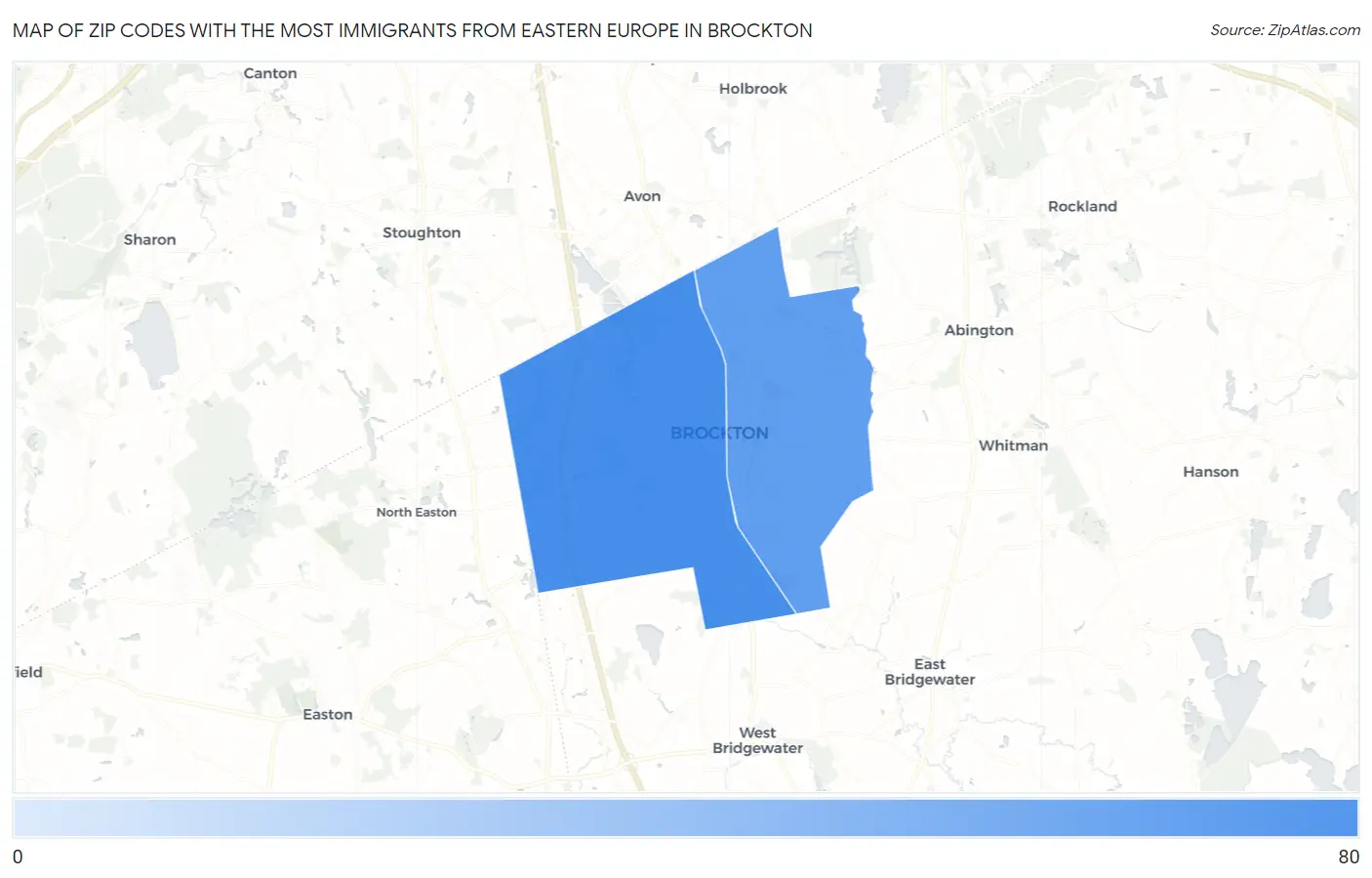 Zip Codes with the Most Immigrants from Eastern Europe in Brockton Map