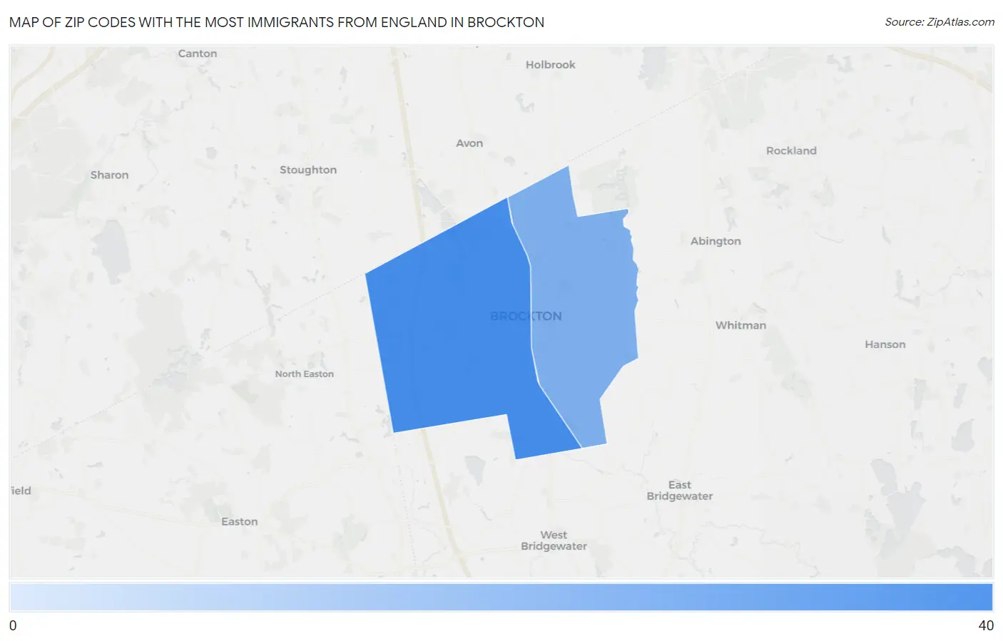 Zip Codes with the Most Immigrants from England in Brockton Map