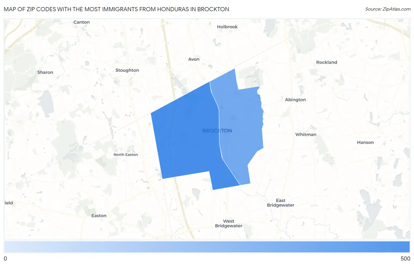 Zip Codes with the Most Immigrants from Honduras in Brockton Map