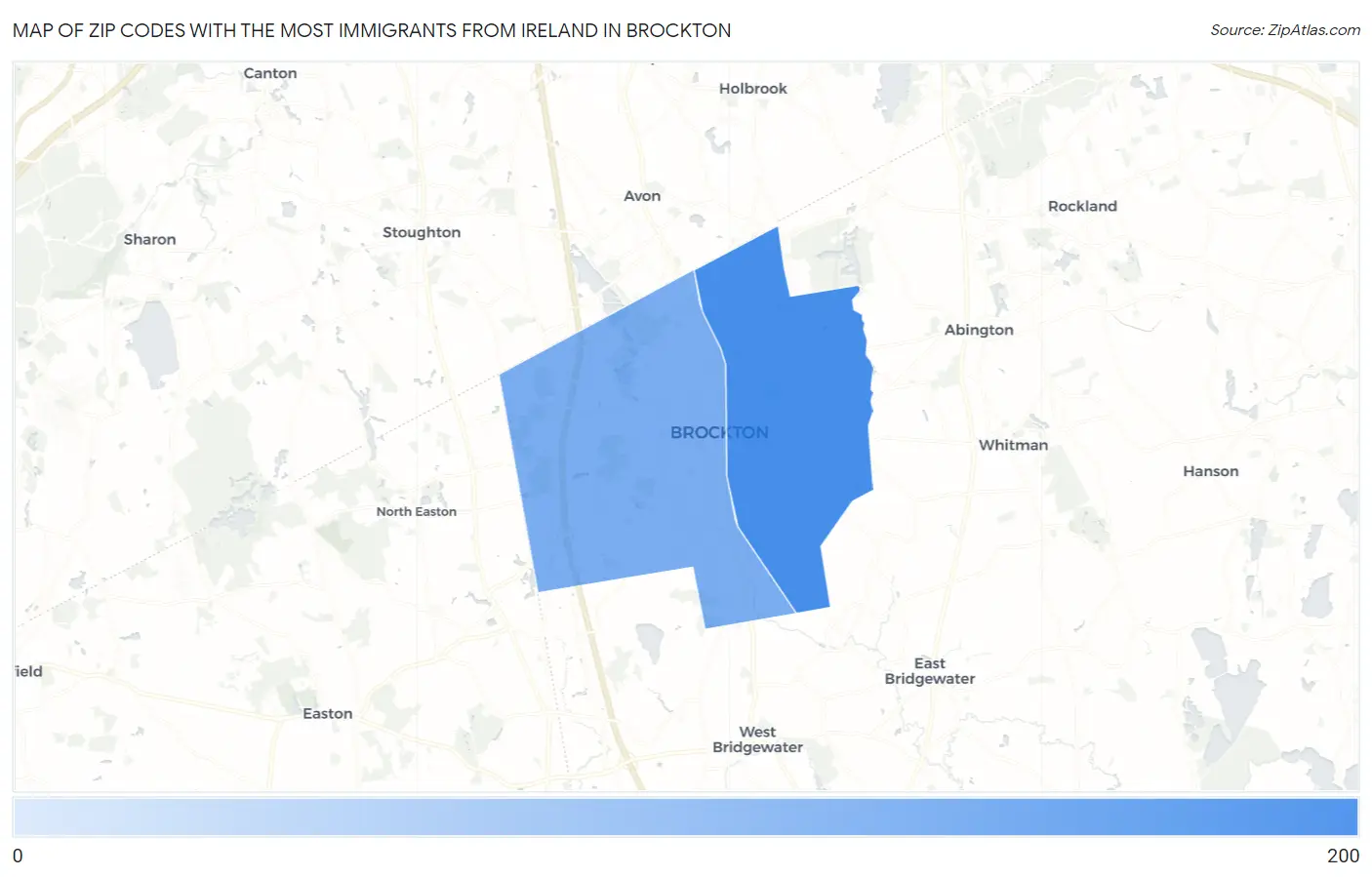 Zip Codes with the Most Immigrants from Ireland in Brockton Map
