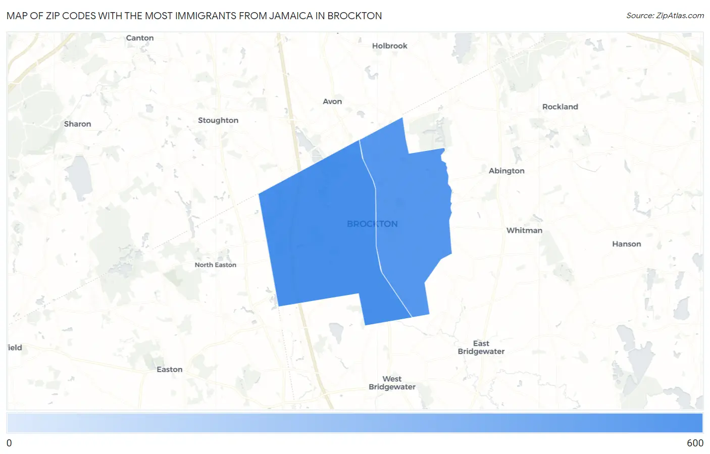 Zip Codes with the Most Immigrants from Jamaica in Brockton Map