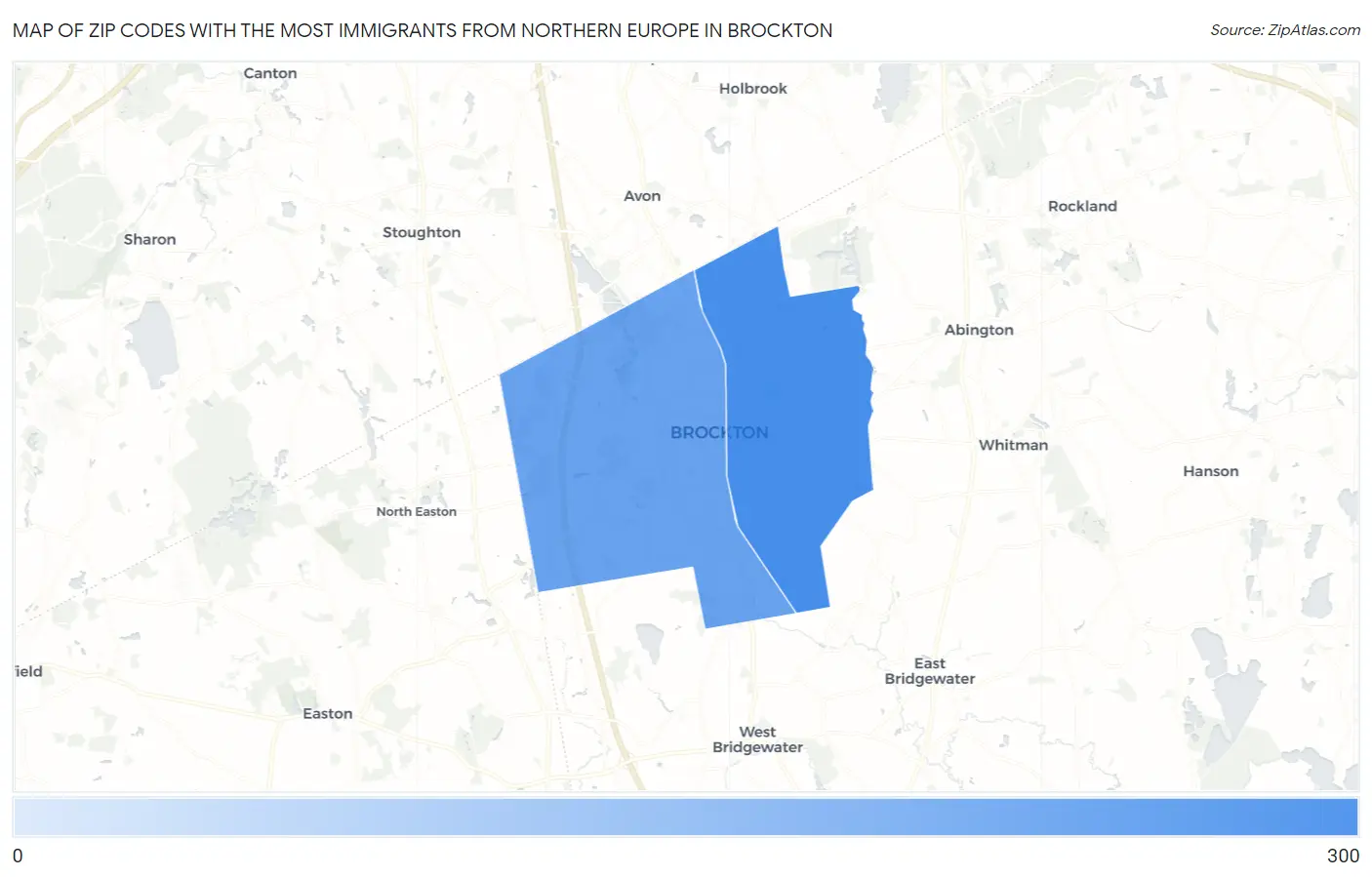 Zip Codes with the Most Immigrants from Northern Europe in Brockton Map