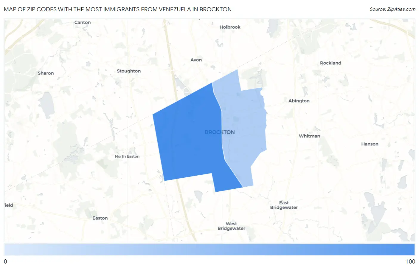 Zip Codes with the Most Immigrants from Venezuela in Brockton Map