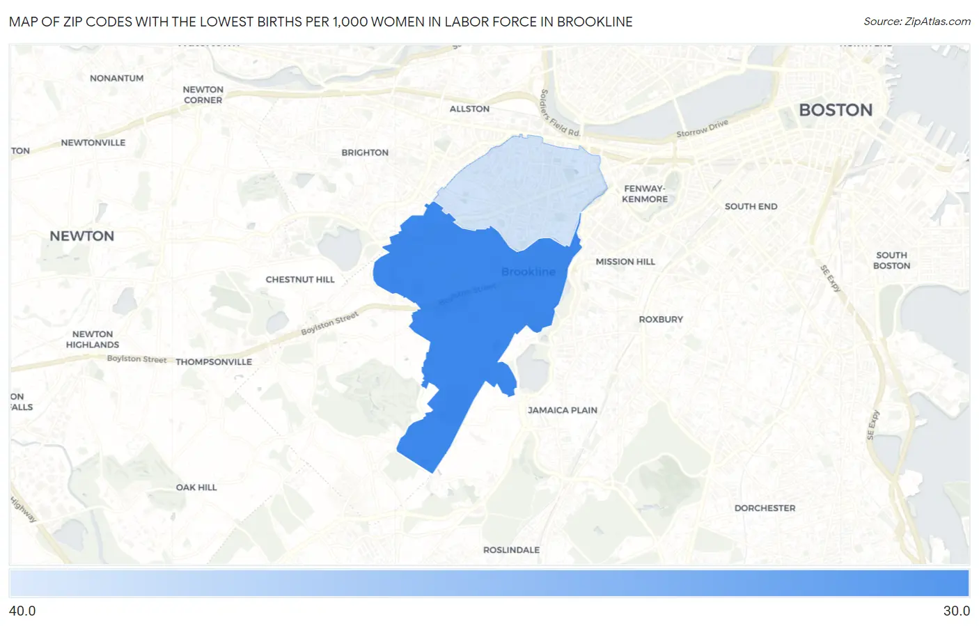 Zip Codes with the Lowest Births per 1,000 Women in Labor Force in Brookline Map