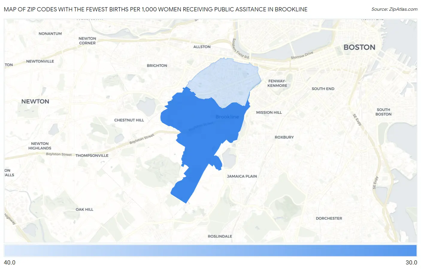 Zip Codes with the Fewest Births per 1,000 Women Receiving Public Assitance in Brookline Map