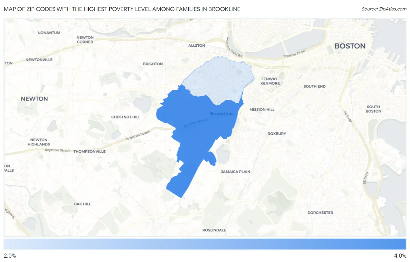 Zip Codes with the Highest Poverty Level Among Families in Brookline Map