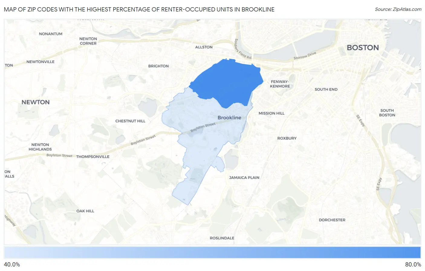 Zip Codes with the Highest Percentage of Renter-Occupied Units in Brookline Map