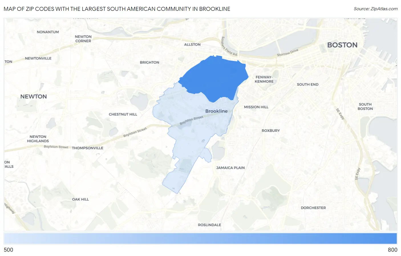 Zip Codes with the Largest South American Community in Brookline Map