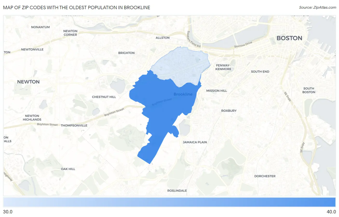 Zip Codes with the Oldest Population in Brookline Map