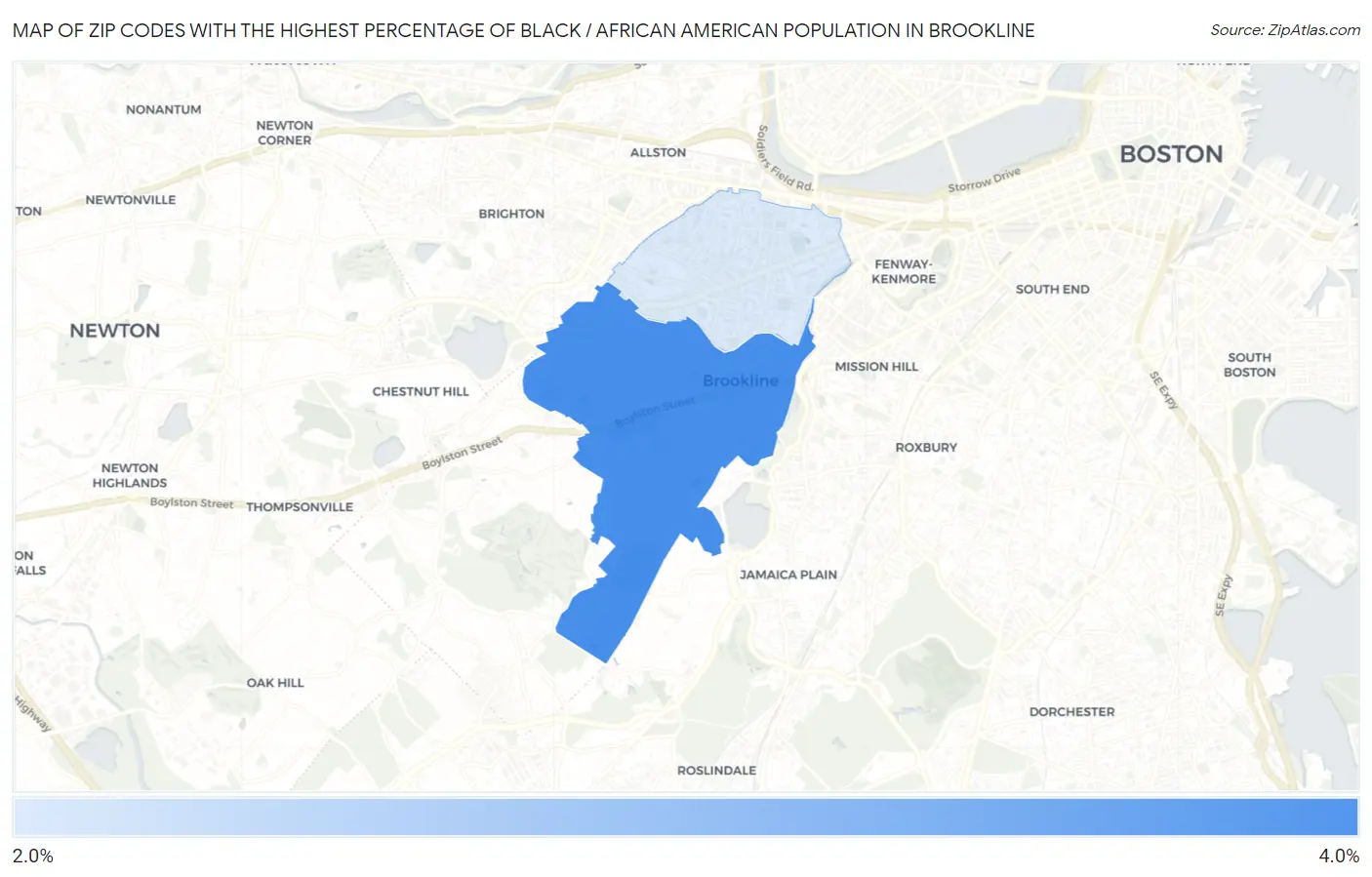 Zip Codes with the Highest Percentage of Black / African American Population in Brookline Map