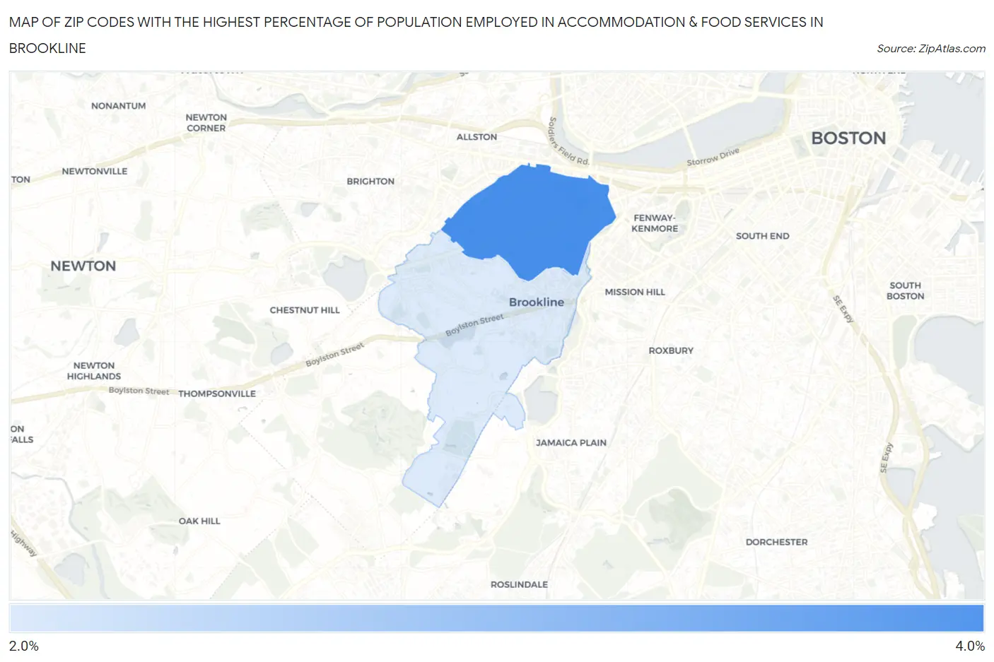 Zip Codes with the Highest Percentage of Population Employed in Accommodation & Food Services in Brookline Map
