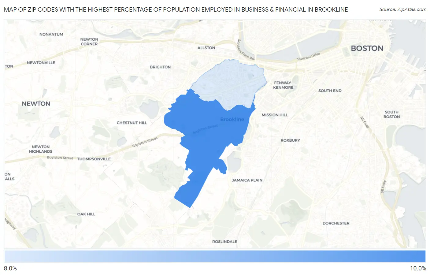 Zip Codes with the Highest Percentage of Population Employed in Business & Financial in Brookline Map