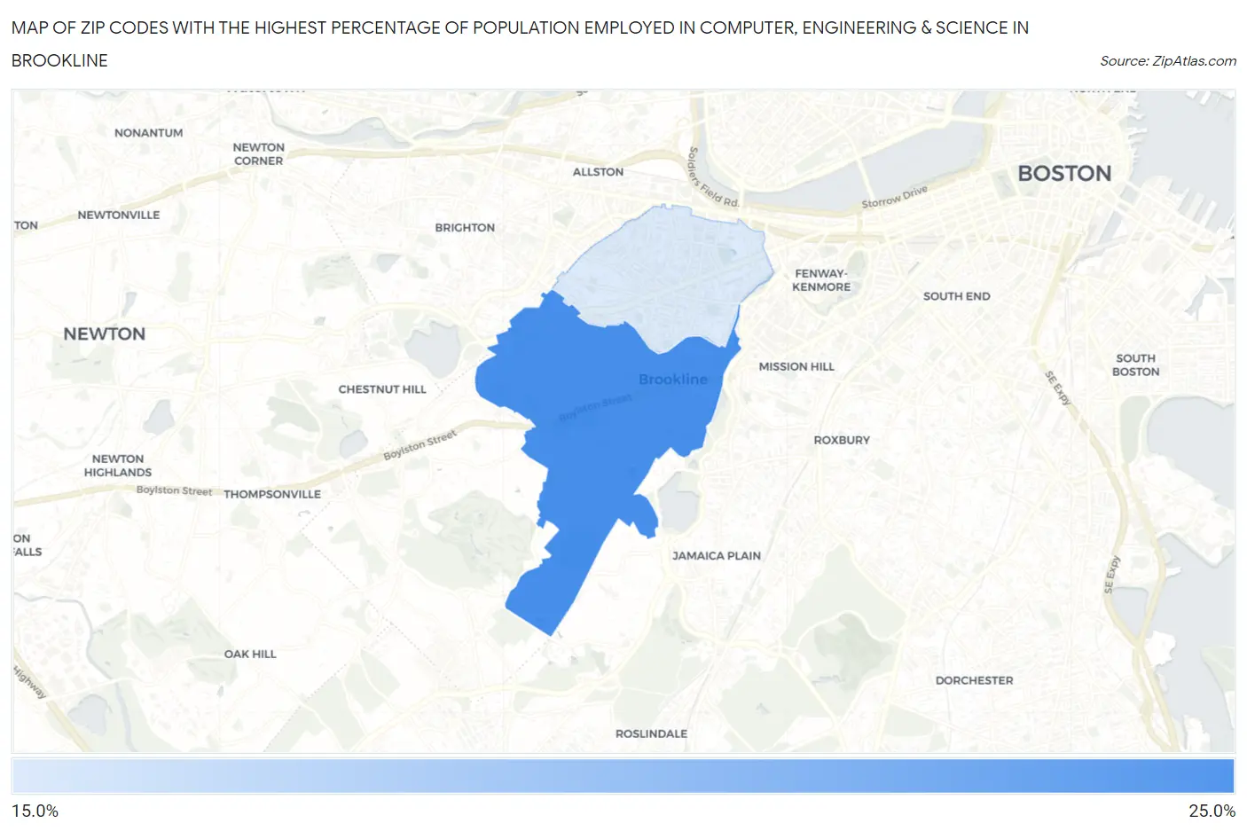 Zip Codes with the Highest Percentage of Population Employed in Computer, Engineering & Science in Brookline Map