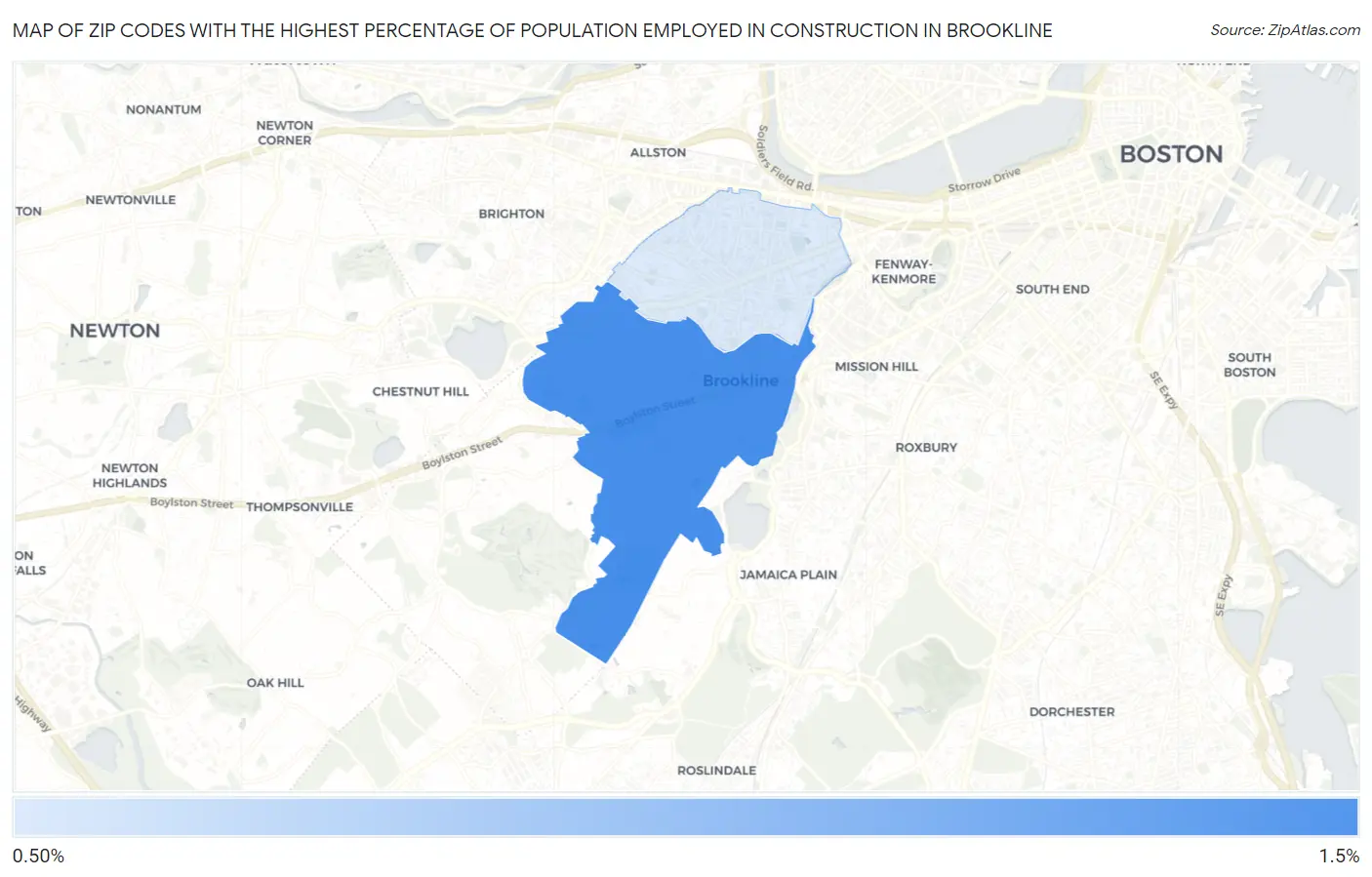 Zip Codes with the Highest Percentage of Population Employed in Construction in Brookline Map