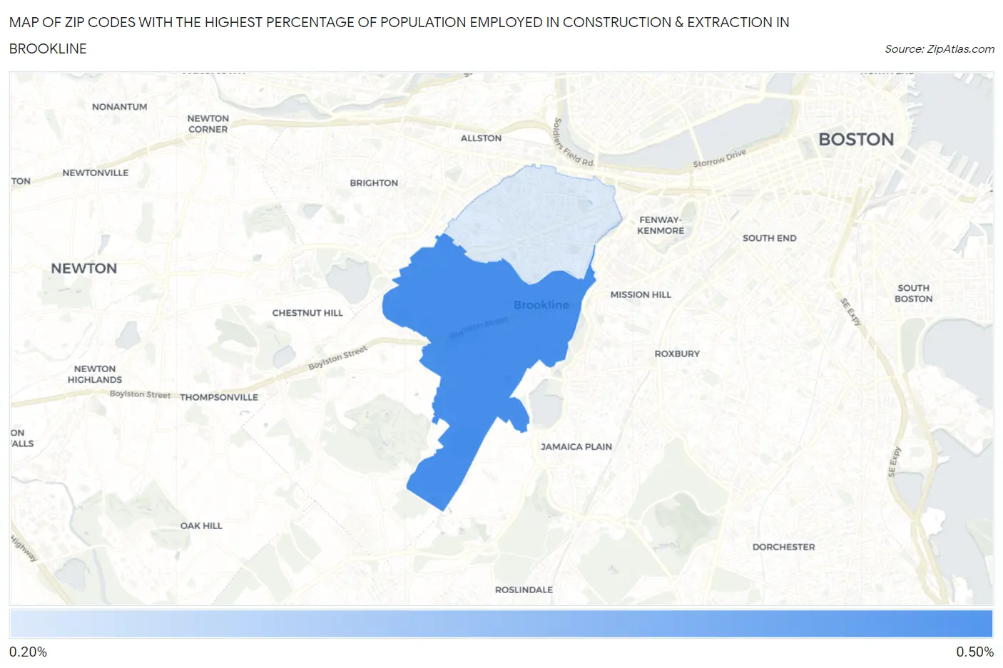 Zip Codes with the Highest Percentage of Population Employed in Construction & Extraction in Brookline Map