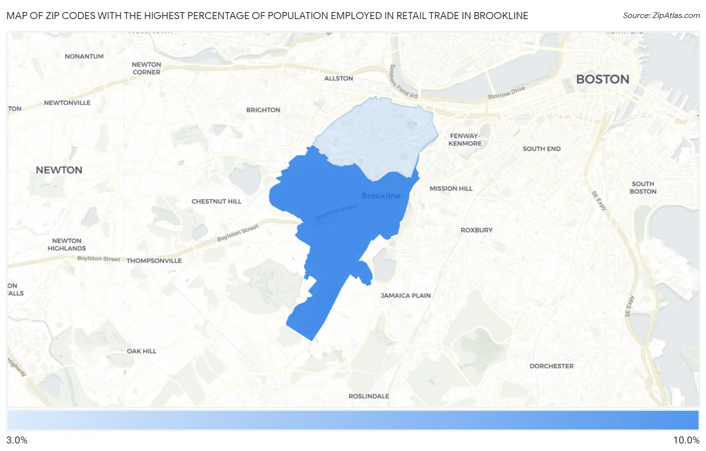 Zip Codes with the Highest Percentage of Population Employed in Retail Trade in Brookline Map