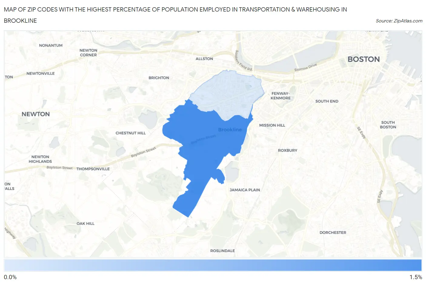 Zip Codes with the Highest Percentage of Population Employed in Transportation & Warehousing in Brookline Map