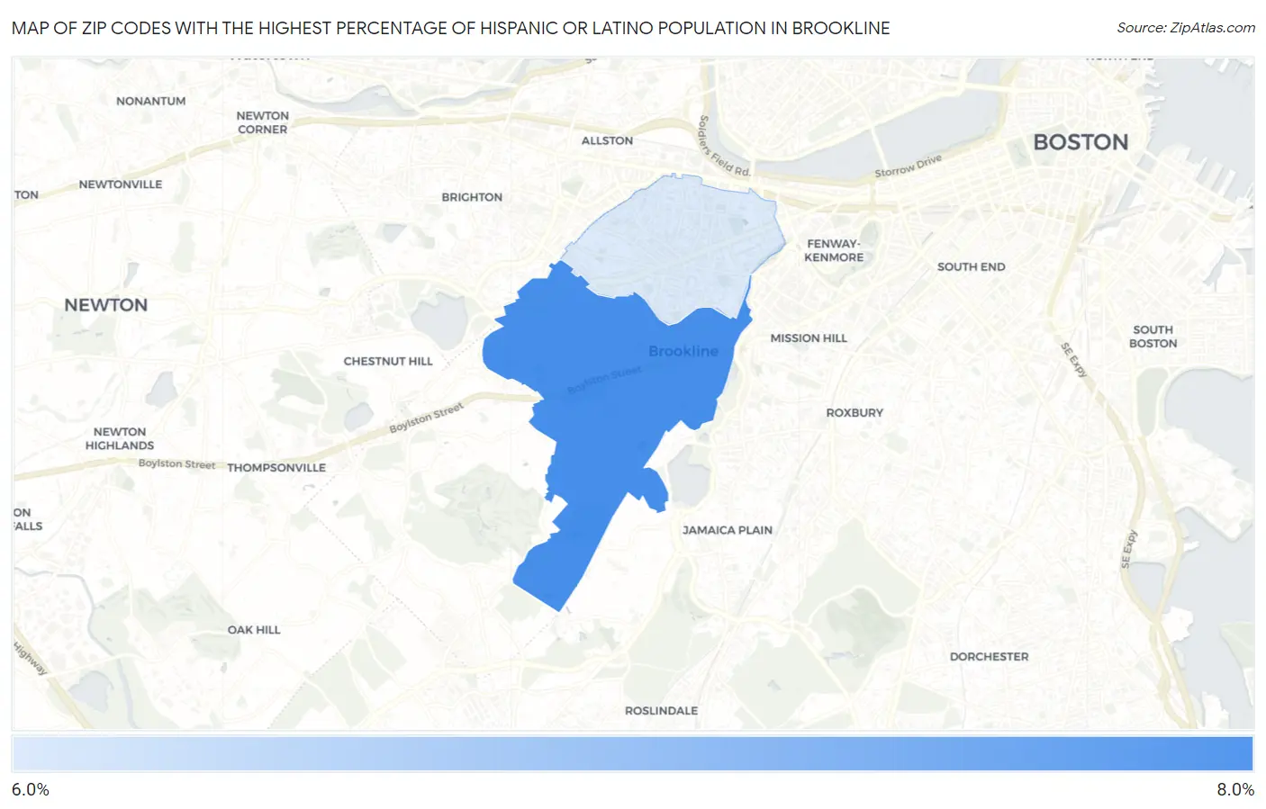 Zip Codes with the Highest Percentage of Hispanic or Latino Population in Brookline Map