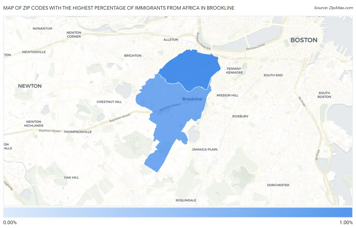 Zip Codes with the Highest Percentage of Immigrants from Africa in Brookline Map