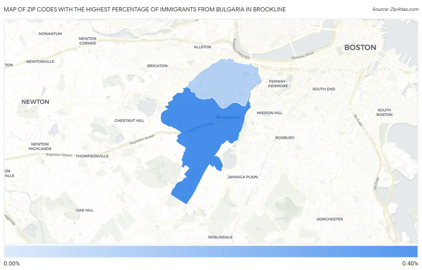 Zip Codes with the Highest Percentage of Immigrants from Bulgaria in Brookline Map