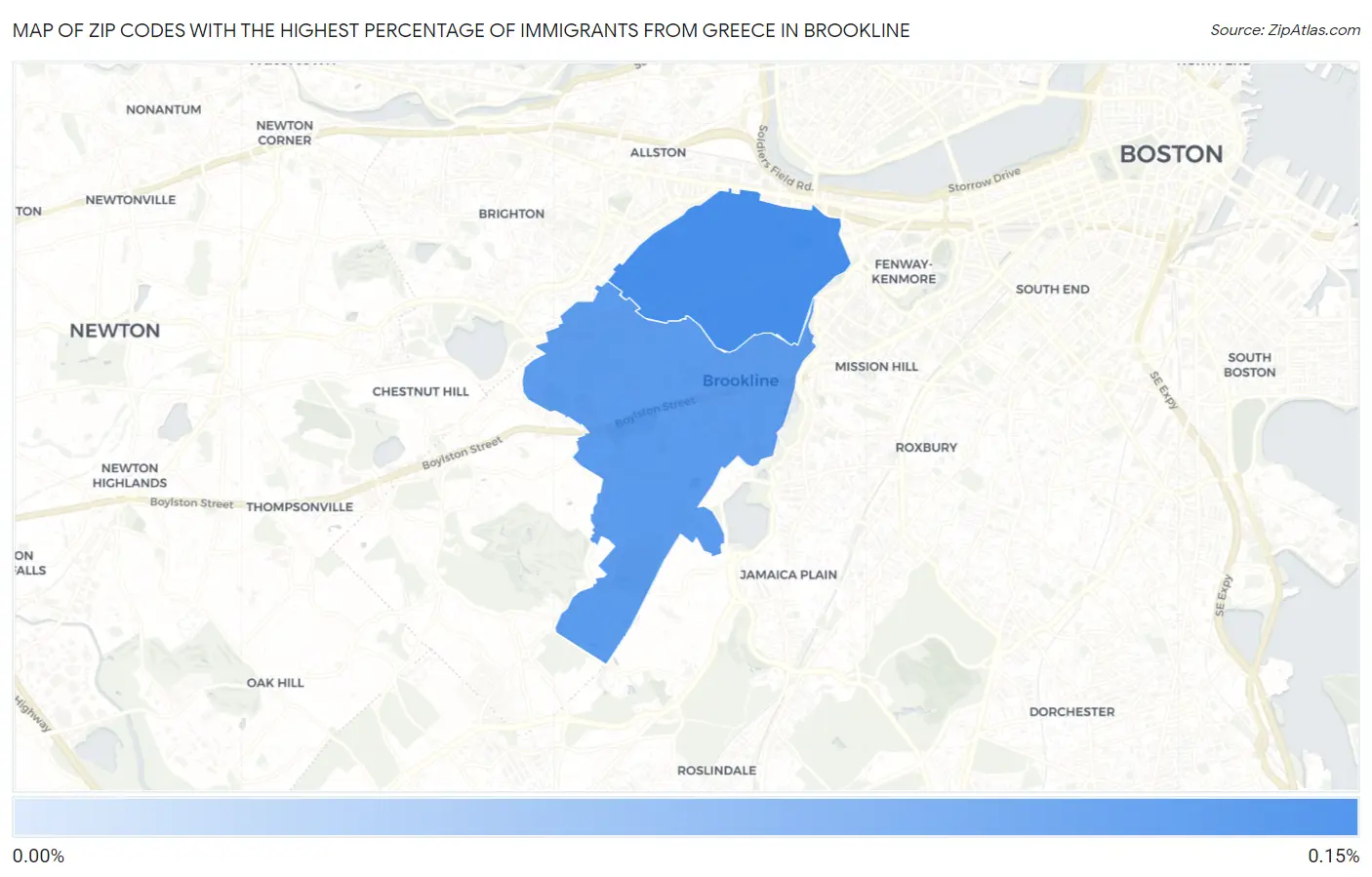 Zip Codes with the Highest Percentage of Immigrants from Greece in Brookline Map