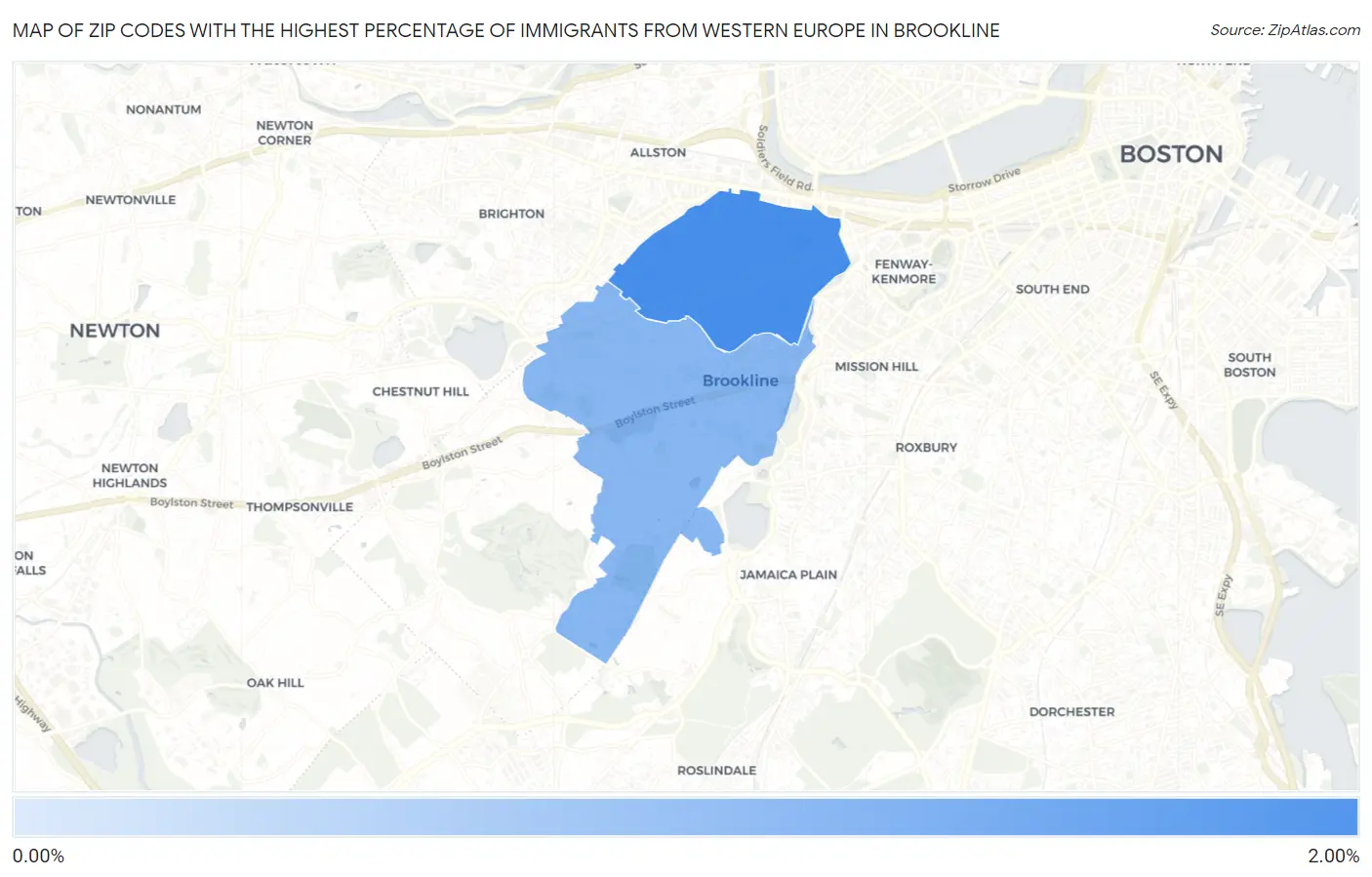 Zip Codes with the Highest Percentage of Immigrants from Western Europe in Brookline Map
