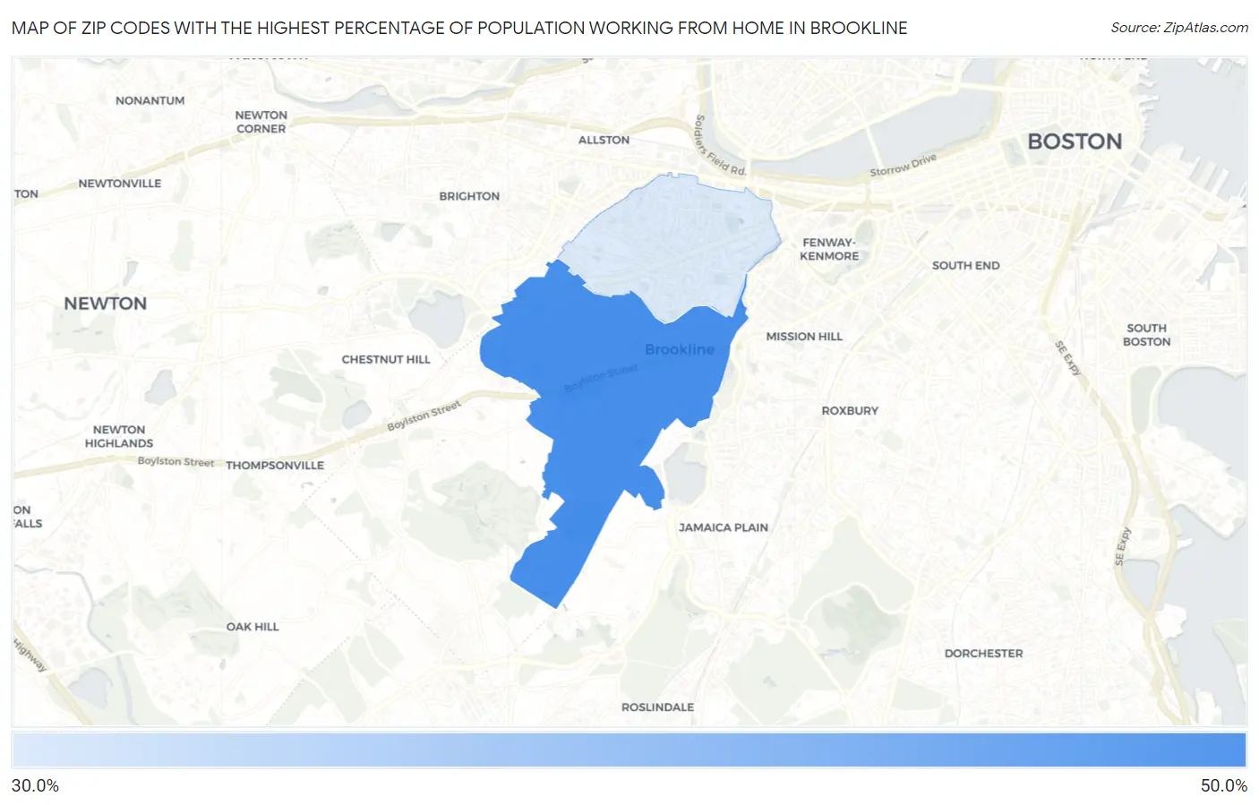 Zip Codes with the Highest Percentage of Population Working from Home in Brookline Map
