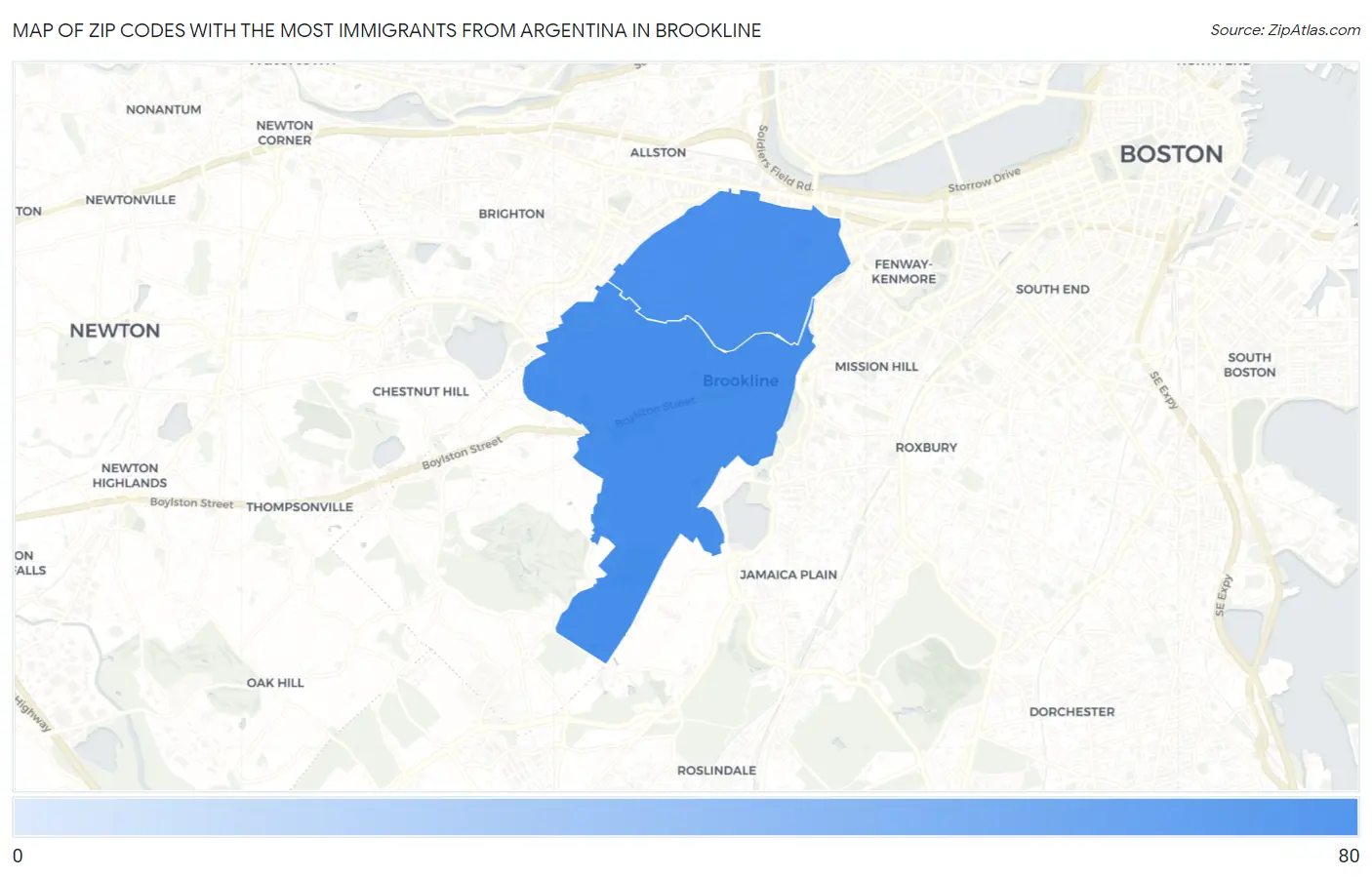 Zip Codes with the Most Immigrants from Argentina in Brookline Map