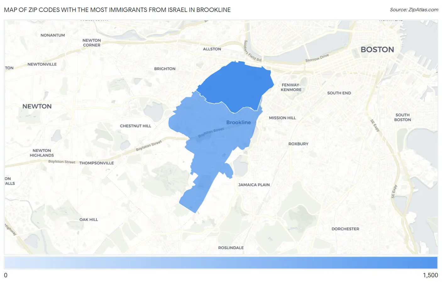 Zip Codes with the Most Immigrants from Israel in Brookline Map