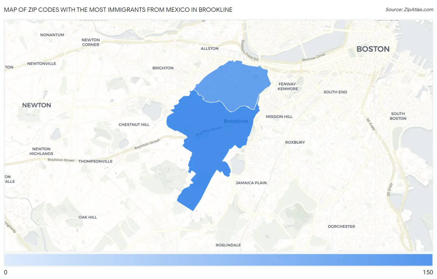 Zip Codes with the Most Immigrants from Mexico in Brookline Map