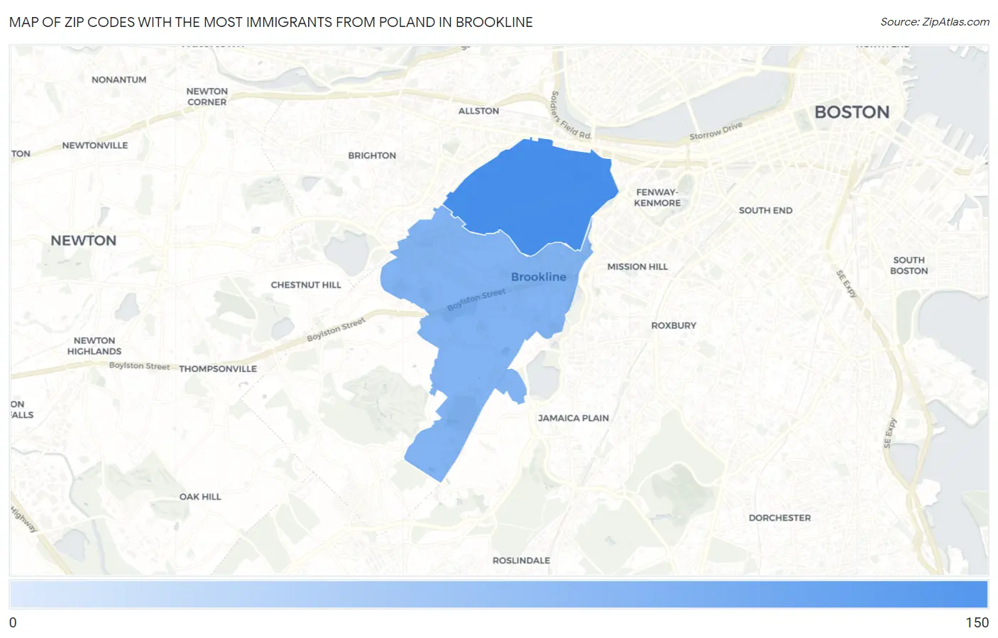 Zip Codes with the Most Immigrants from Poland in Brookline Map