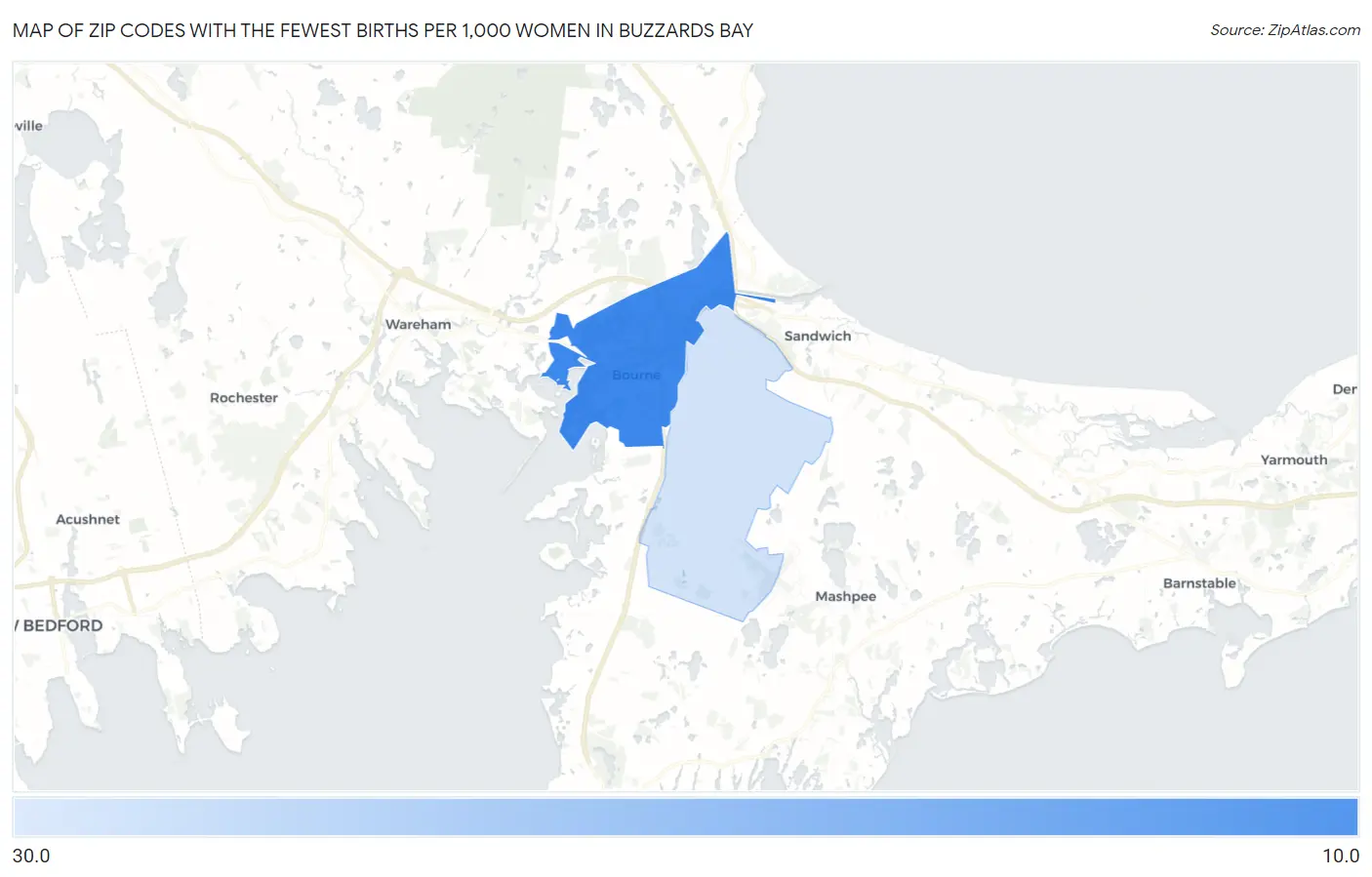 Zip Codes with the Fewest Births per 1,000 Women in Buzzards Bay Map