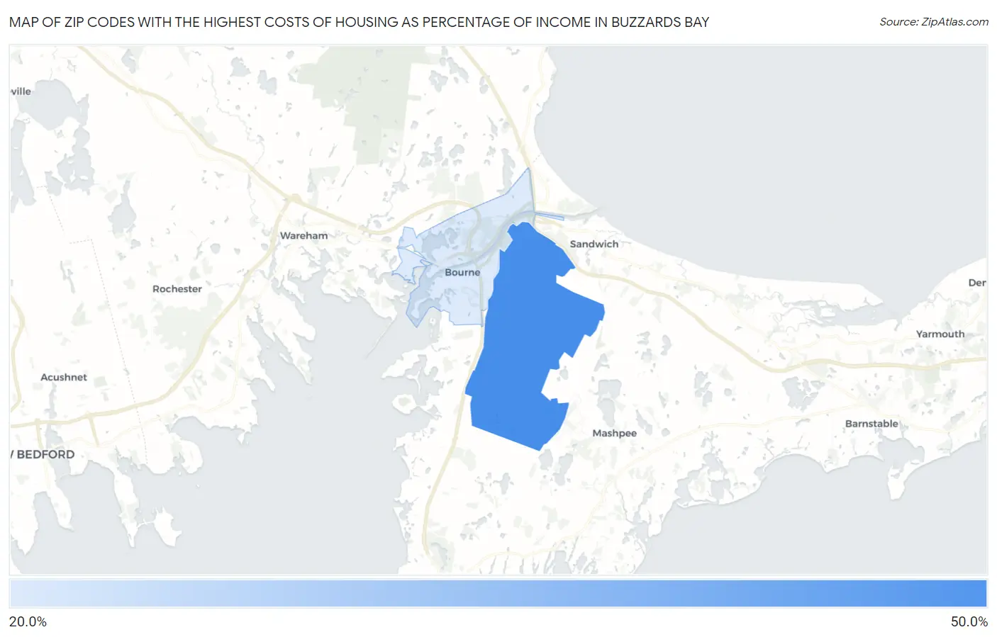 Zip Codes with the Highest Costs of Housing as Percentage of Income in Buzzards Bay Map