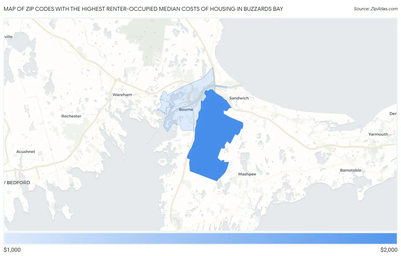 Zip Codes with the Highest Renter-Occupied Median Costs of Housing in Buzzards Bay Map