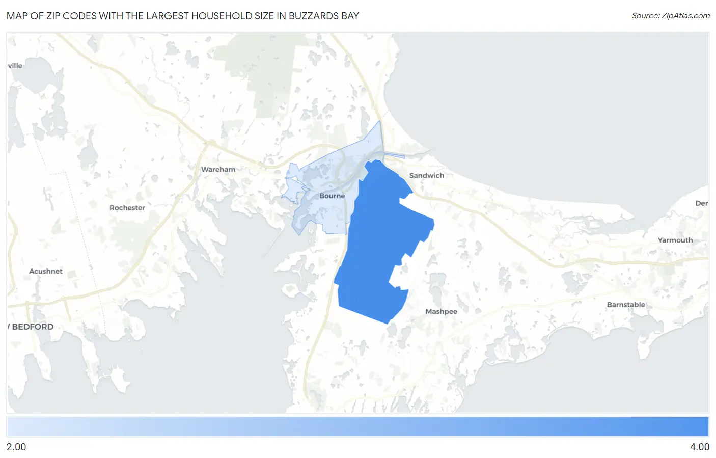 Zip Codes with the Largest Household Size in Buzzards Bay Map
