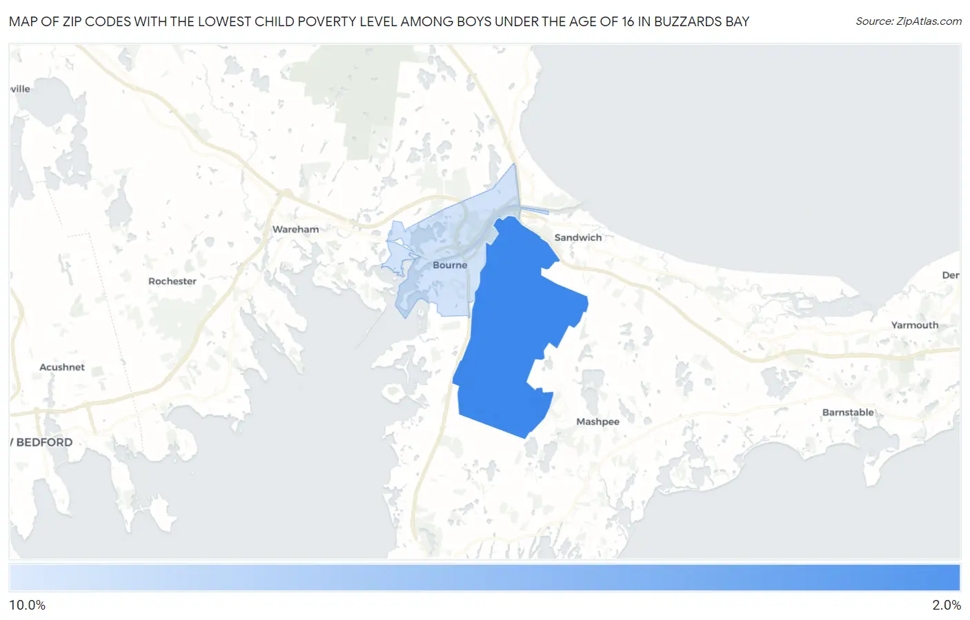 Zip Codes with the Lowest Child Poverty Level Among Boys Under the Age of 16 in Buzzards Bay Map