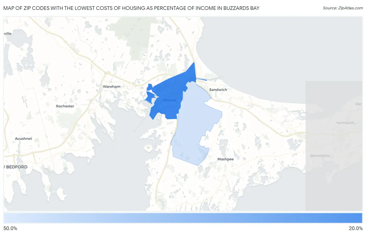 Zip Codes with the Lowest Costs of Housing as Percentage of Income in Buzzards Bay Map