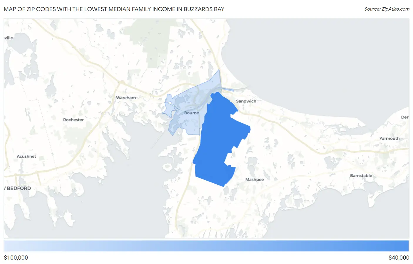 Zip Codes with the Lowest Median Family Income in Buzzards Bay Map