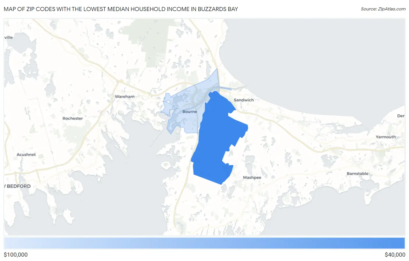 Zip Codes with the Lowest Median Household Income in Buzzards Bay Map